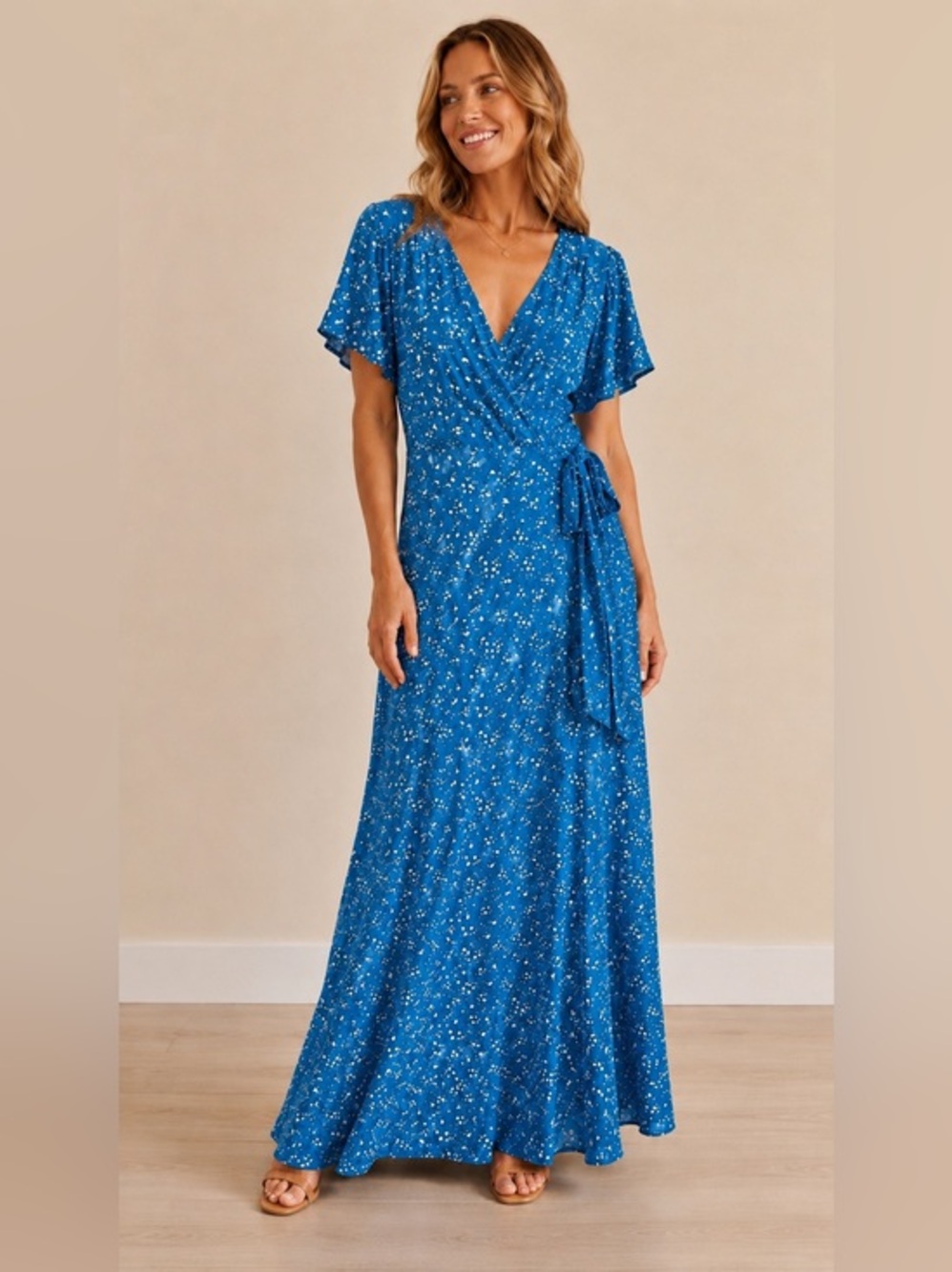 Aakaa Blue Abstract Print True Wrap Maxi Dress short Sleeve V-Neck EUC S #2647